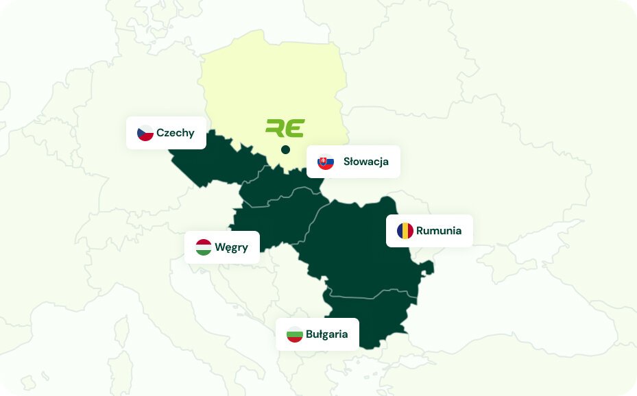 Mapa krajów CEE obsługiwanych przez Romania Express – Rumunia, Bułgaria, Węgry, Czechy, Słowacja.